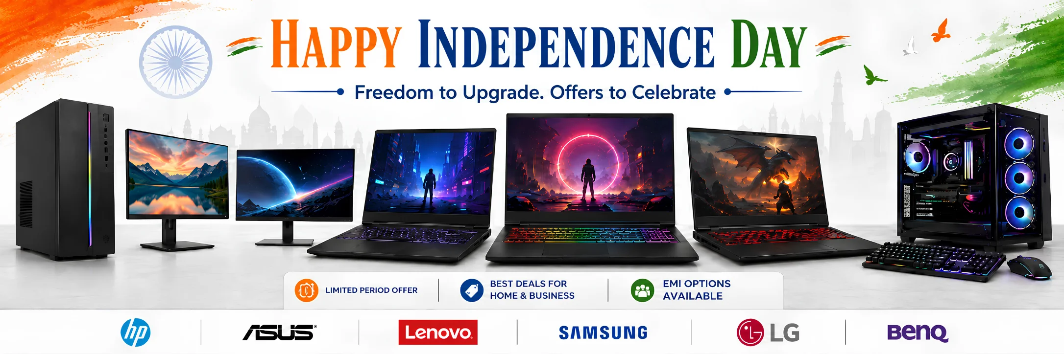 Independence Day offers: desktops, monitors and gaming laptops from HP, ASUS, Lenovo, Samsung, LG and BenQ, with EMI options